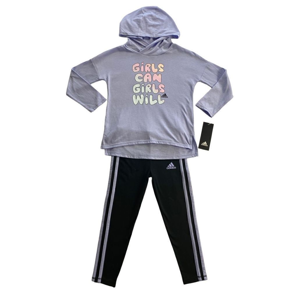 ADIDAS GIRL’S 4T 2-pc “GIRLS CAN GIRLS WILL”Long Sleeve Stripe Pant Set